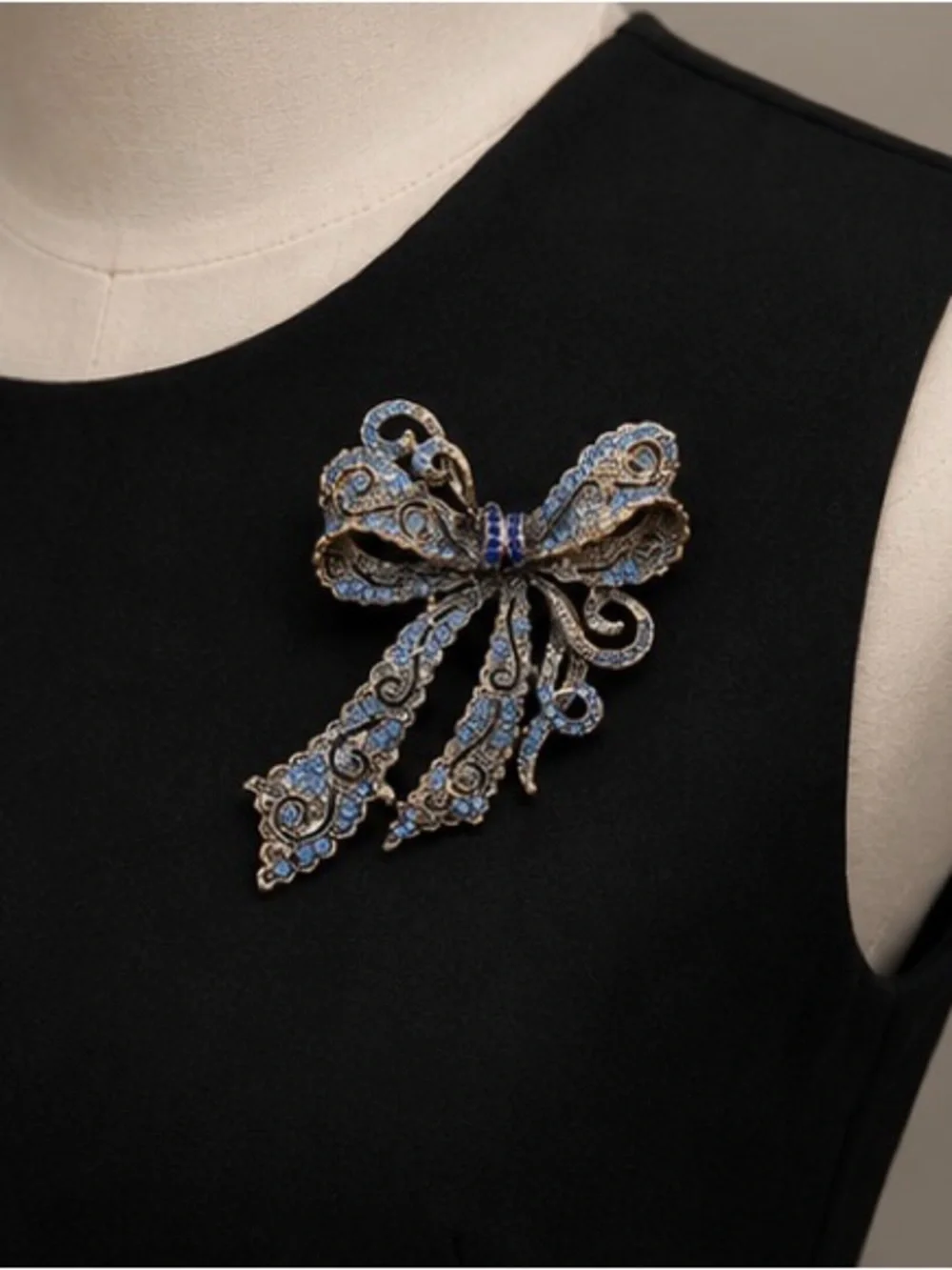 Vintage Blue Crystal Bow Brooch | Rhinestone Ribbon Pin | Antique Gold Statement